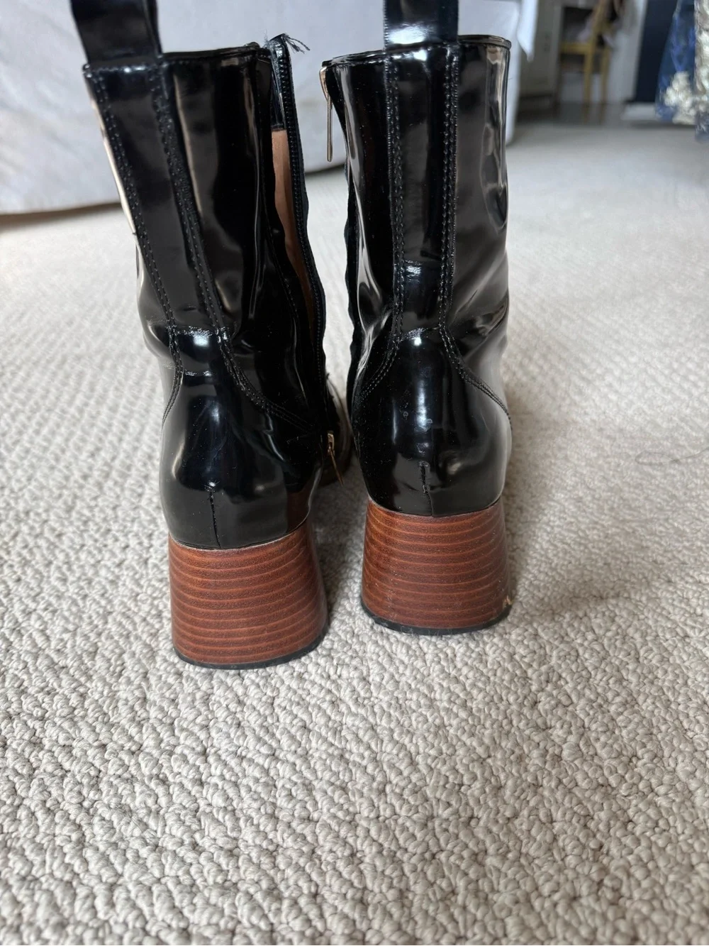 Steve Madden Black Patent Ankle Boots with Gold Chain Accent